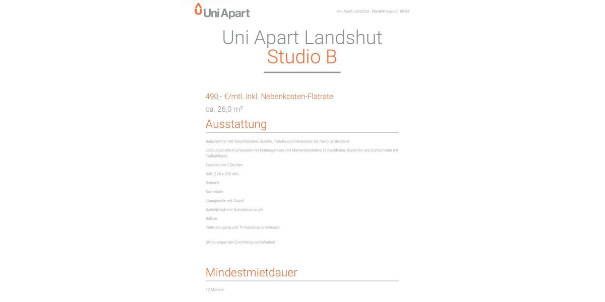 Etagenwohnung Kumhausen - 1 Zimmer, 26 m&sup2;, 490&euro; | Angebot:26002730