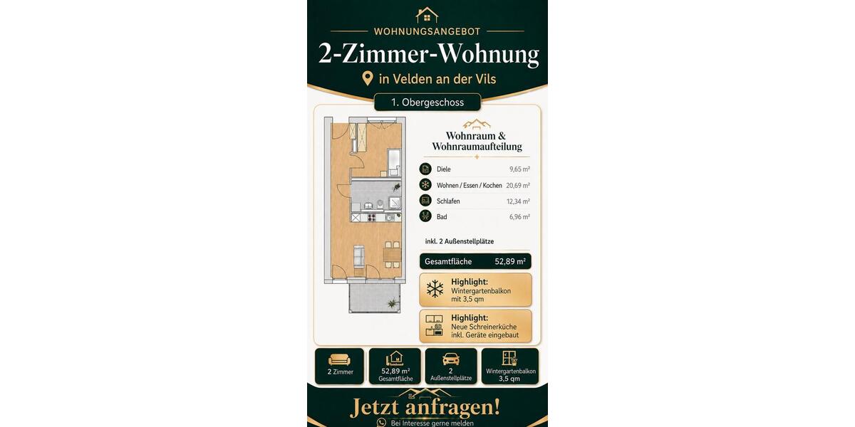 Etagenwohnung Velden - 2 Zimmer, 53 m&sup2;, 680&euro; | Angebot:26661532
